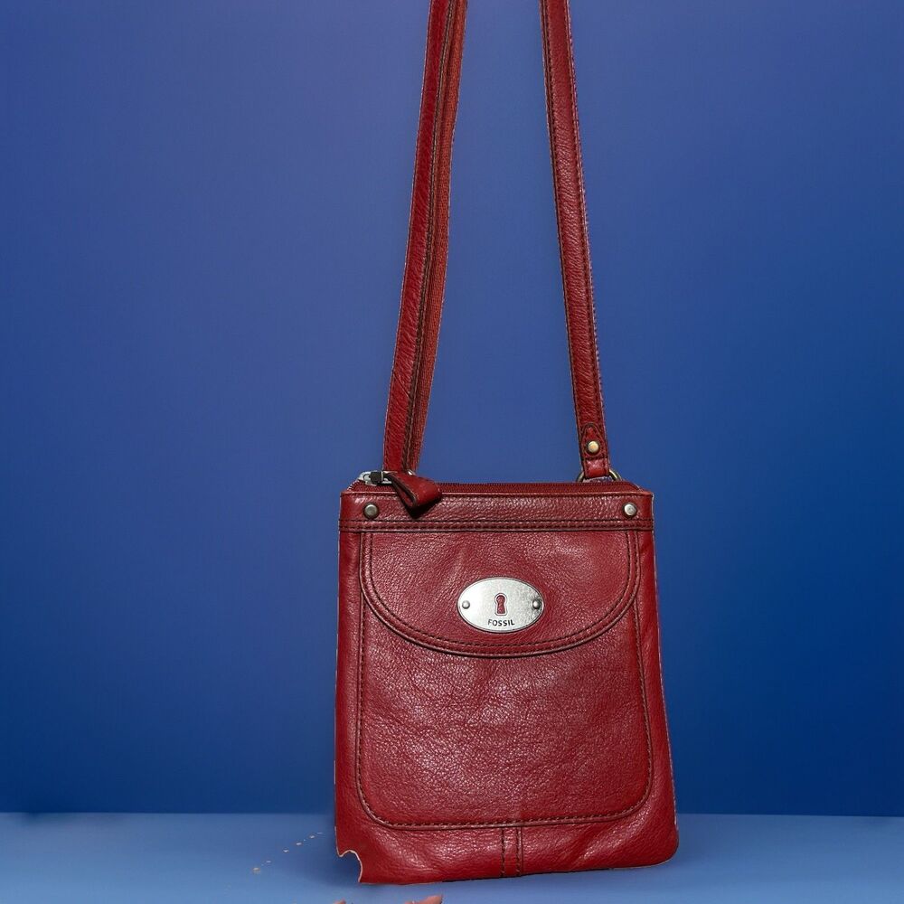 Fossil Red Leather Crossbody Bag Small Zip Top Flap Pocket